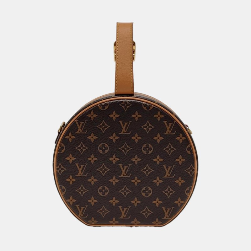 LOUIS VUITTON BOITE CHAPEAU 小號棕色塗層帆布老花圓餅包單肩包手提包斜挎包金色五金可拆卸肩帶-4