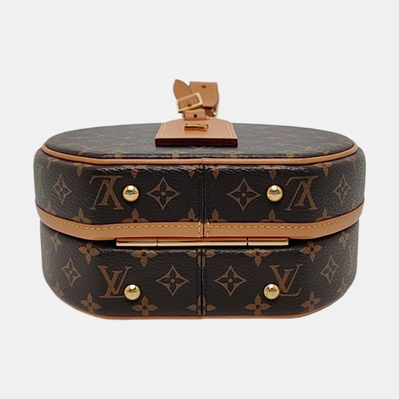 LOUIS VUITTON BOITE CHAPEAU 小號棕色塗層帆布老花圓餅包單肩包手提包斜挎包金色五金可拆卸肩帶-5