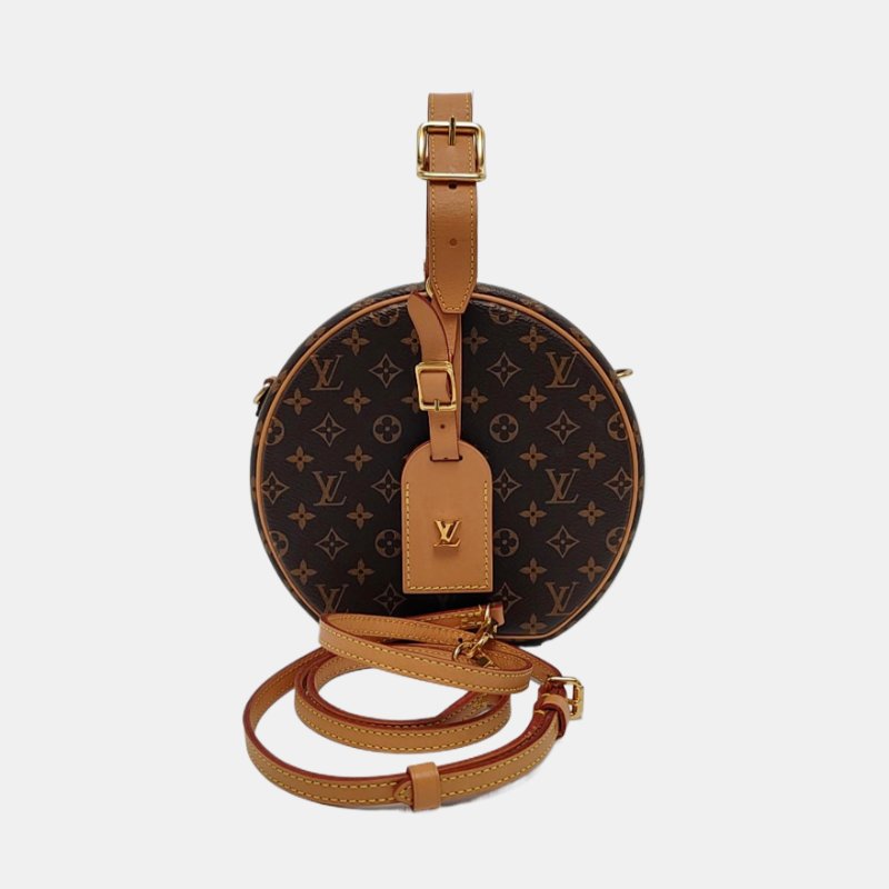 LOUIS VUITTON BOITE CHAPEAU 小號棕色塗層帆布老花圓餅包單肩包手提包斜挎包金色五金可拆卸肩帶-7