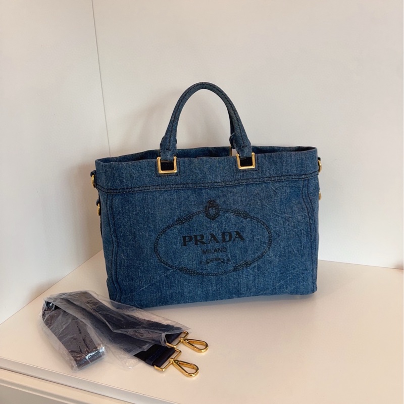 【98新🆕】Prada  牛仔丹寧手提沙灘包 2way tote 手提包 單肩包-0