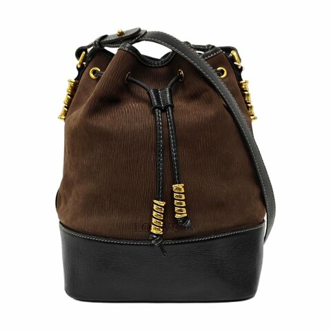 LOEWE水桶包深棕色牛皮壓紋斜挎包金色五金可拆卸肩帶