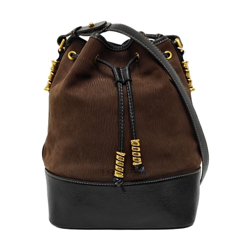 LOEWE水桶包深棕色牛皮壓紋斜挎包金色五金可拆卸肩帶-0