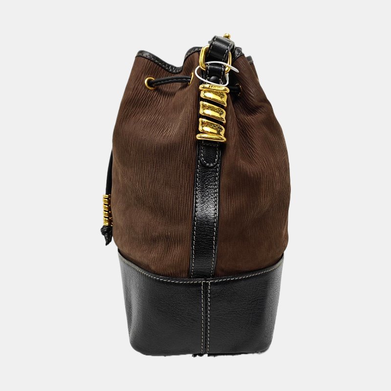 LOEWE水桶包深棕色牛皮壓紋斜挎包金色五金可拆卸肩帶-2