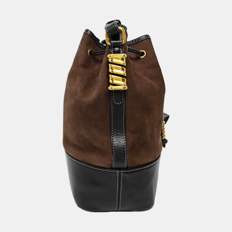 LOEWE水桶包深棕色牛皮壓紋斜挎包金色五金可拆卸肩帶-3