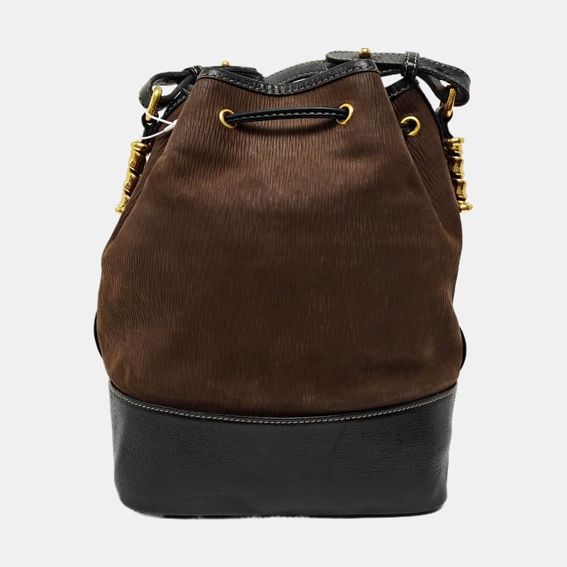 LOEWE水桶包深棕色牛皮壓紋斜挎包金色五金可拆卸肩帶-4