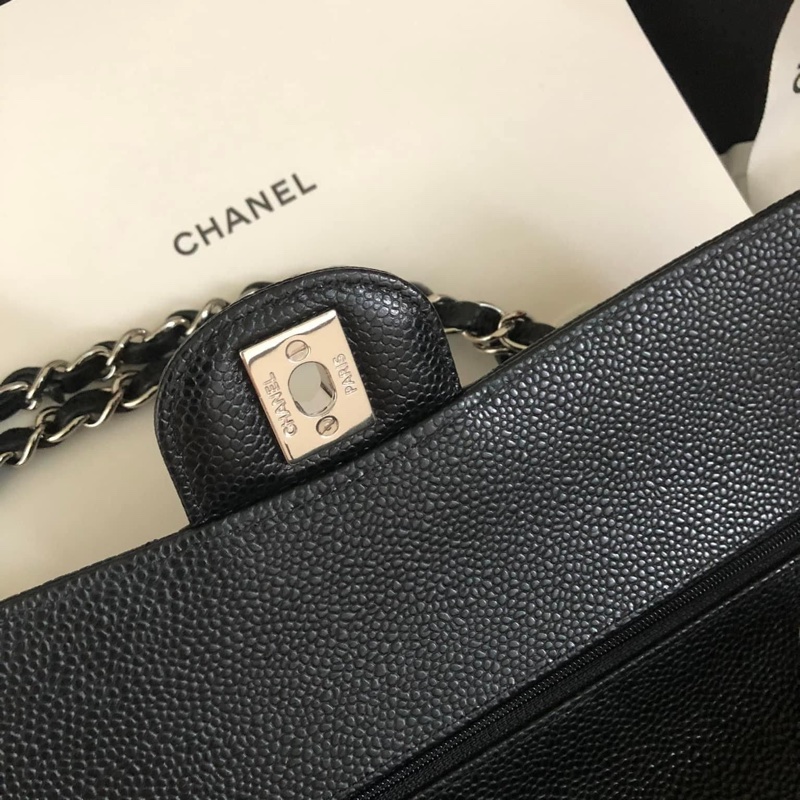 Chanel Cf 25 荔枝牛皮黑銀全配,收藏新-6