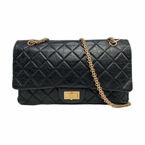 CHANEL 2.55 Maxi超大號黑色牛皮菱格紋絎縫單肩包金色五金15開