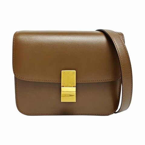 CELINE CLASSIC BOX小號棕色牛皮豆腐包單肩包斜挎包金色五金可拆卸肩帶