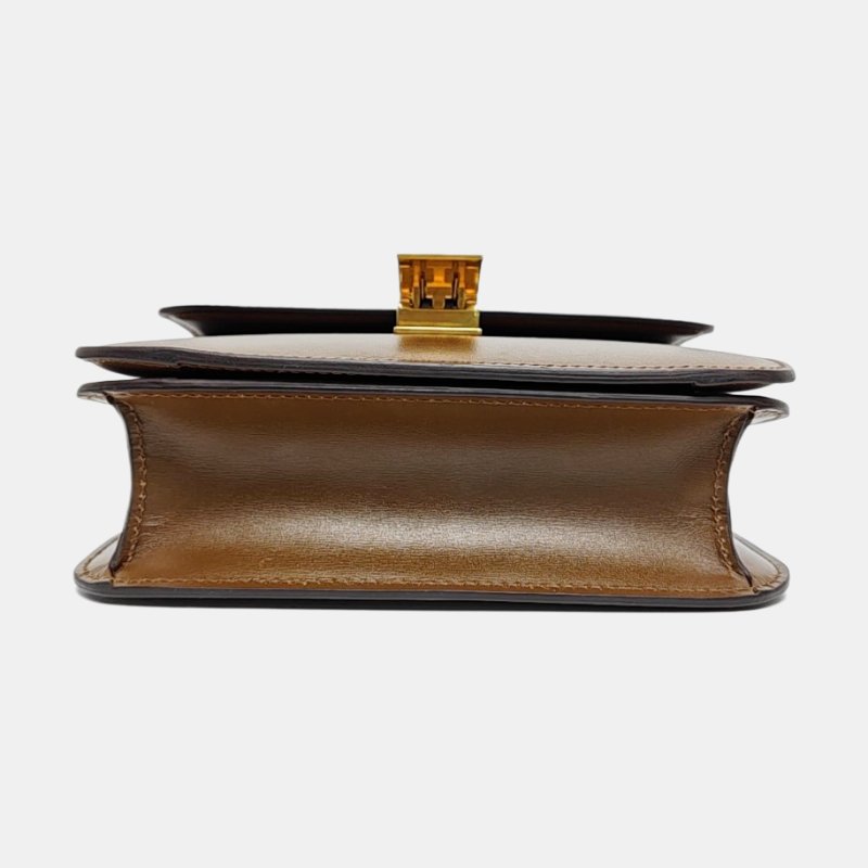 CELINE CLASSIC BOX小號棕色牛皮豆腐包單肩包斜挎包金色五金可拆卸肩帶-5