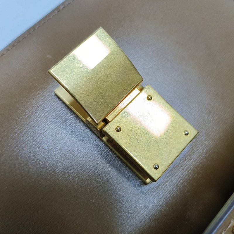 CELINE CLASSIC BOX小號棕色牛皮豆腐包單肩包斜挎包金色五金可拆卸肩帶-8