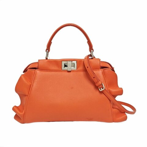 FENDI Peekaboo橘紅色牛皮斜挎包手提包單肩包銀色五金可拆卸肩帶
