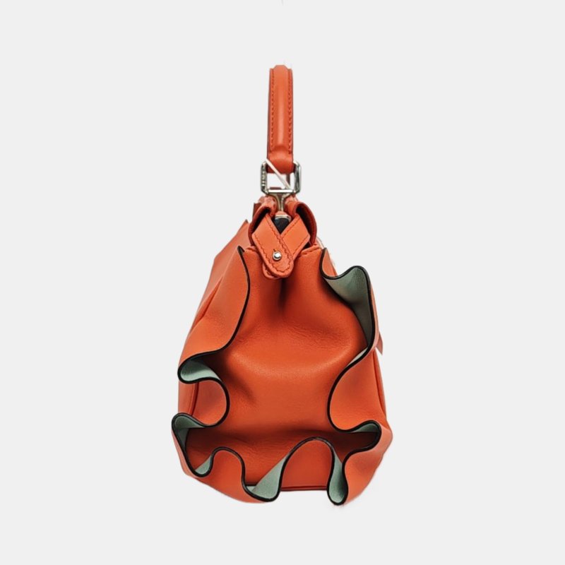 FENDI Peekaboo橘紅色牛皮斜挎包手提包單肩包銀色五金可拆卸肩帶-3