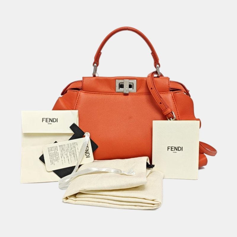 FENDI Peekaboo橘紅色牛皮斜挎包手提包單肩包銀色五金可拆卸肩帶-7