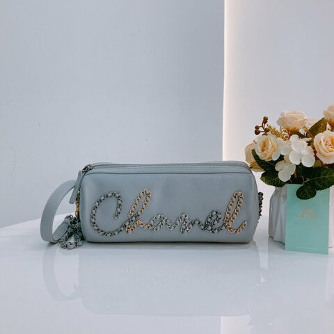 MS0433 Chanel 香奈兒 圓桶包 斜背 雙色鏈條 灰色牛皮  Written In Chain Bowling Bag Calfskin Grey x PHW x GHW