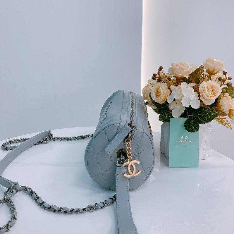 MS0433 Chanel 香奈兒 圓桶包 斜背 雙色鏈條 灰色牛皮  Written In Chain Bowling Bag Calfskin Grey x PHW x GHW-2