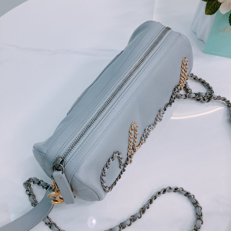 MS0433 Chanel 香奈兒 圓桶包 斜背 雙色鏈條 灰色牛皮  Written In Chain Bowling Bag Calfskin Grey x PHW x GHW-9