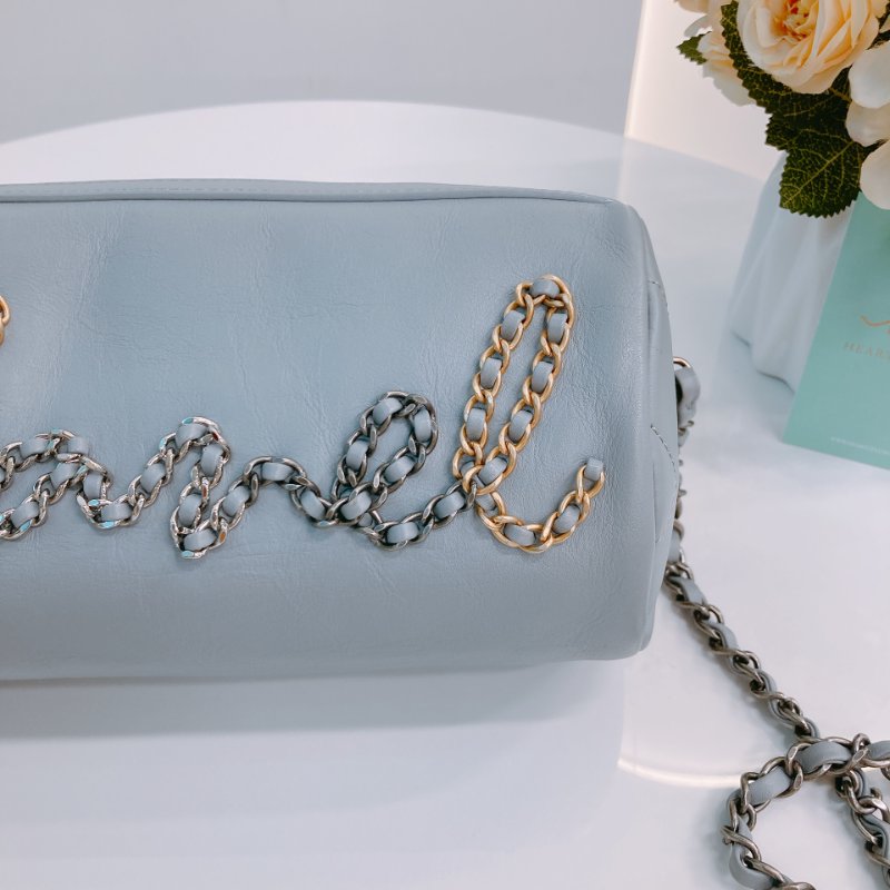 MS0433 Chanel 香奈兒 圓桶包 斜背 雙色鏈條 灰色牛皮  Written In Chain Bowling Bag Calfskin Grey x PHW x GHW-12