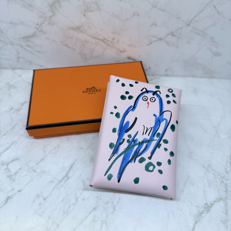 HERMES Calvi Duo塗鴉貓頭鷹對開雙層卡夾09夢幻紫/K-1