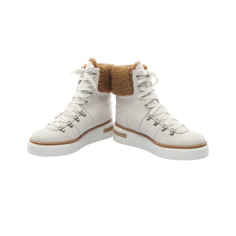 愛馬仕 Flocon 踝靴 #38.5 高筒運動鞋 皮革 Mouton 白色-2