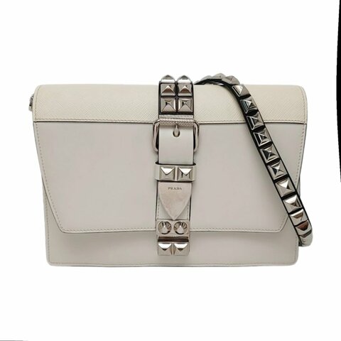 PRADA Elektra白色牛皮鉚釘單肩包斜挎包銀色五金可拆卸肩帶
