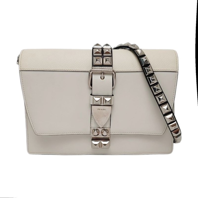 PRADA Elektra白色牛皮鉚釘單肩包斜挎包銀色五金可拆卸肩帶-0