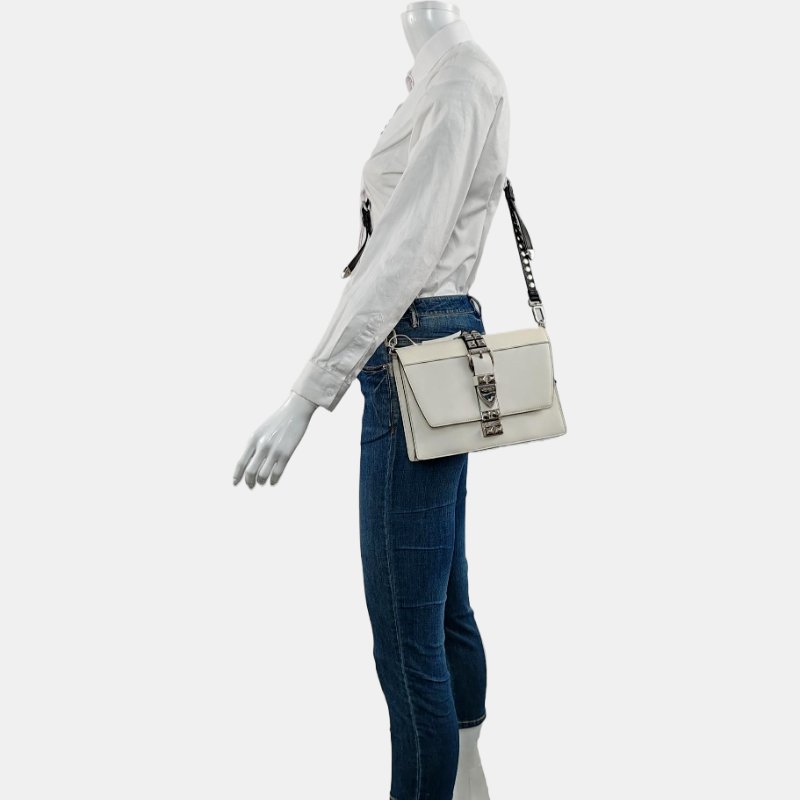 PRADA Elektra白色牛皮鉚釘單肩包斜挎包銀色五金可拆卸肩帶-1