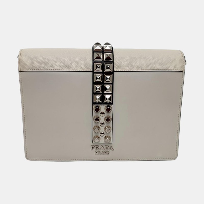 PRADA Elektra白色牛皮鉚釘單肩包斜挎包銀色五金可拆卸肩帶-4