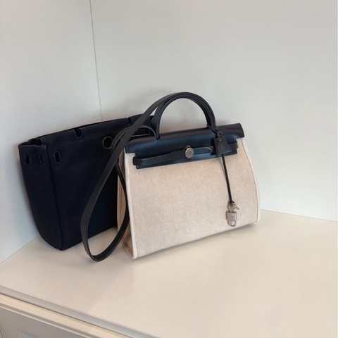 【97新🆕】Hermes  中古黑白熊貓 herbag31 黑銀帆布拼皮單肩包  手提包