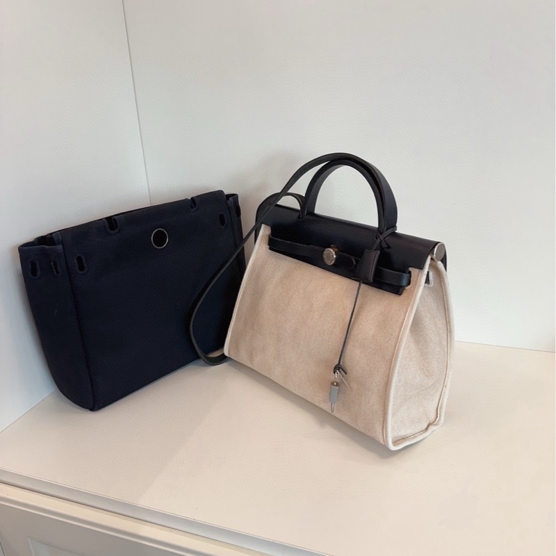 【97新🆕】Hermes  中古黑白熊貓 herbag31 黑銀帆布拼皮單肩包  手提包-1