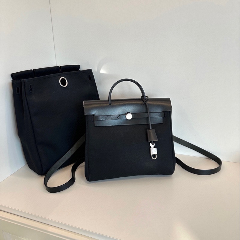 【97新🆕】Hermes  中古herbag 全黑銀扣帆布拼皮雙肩包 雙替換袋 框G 背包Backpack-0