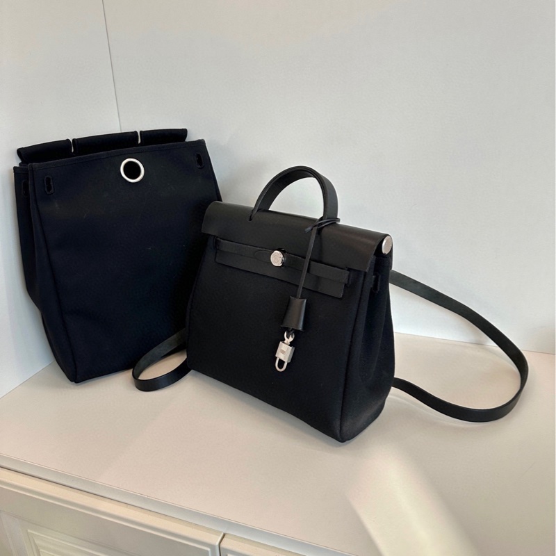 【97新🆕】Hermes  中古herbag 全黑銀扣帆布拼皮雙肩包 雙替換袋 框G 背包Backpack-2