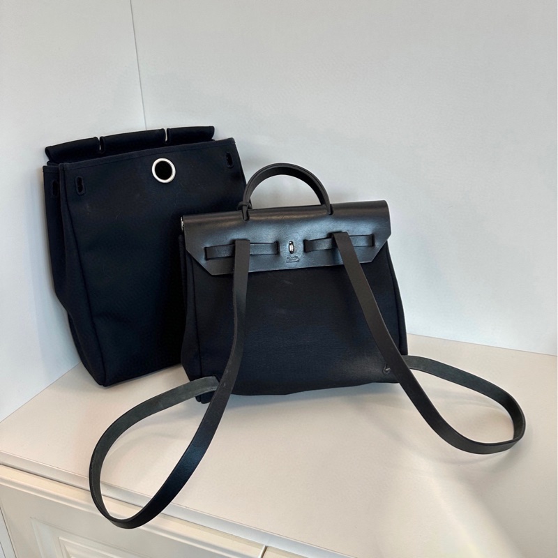【97新🆕】Hermes  中古herbag 全黑銀扣帆布拼皮雙肩包 雙替換袋 框G 背包Backpack-3