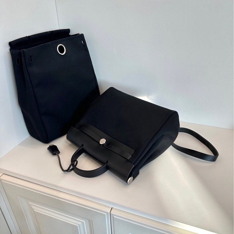 【97新🆕】Hermes  中古herbag 全黑銀扣帆布拼皮雙肩包 雙替換袋 框G 背包Backpack-6