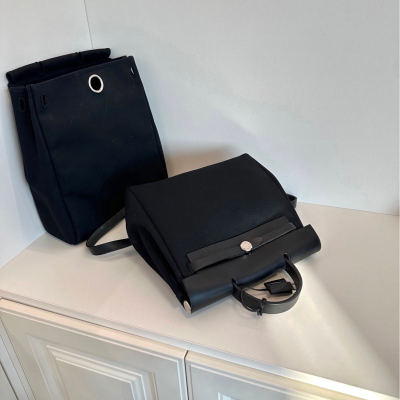 【97新🆕】Hermes  中古herbag 全黑銀扣帆布拼皮雙肩包 雙替換袋 框G 背包Backpack-7