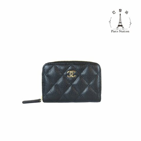 【巴黎站二手名牌專賣】＊現貨＊CHANEL 香奈兒 真品＊AP0216 黑荔枝皮革金雙C拉鍊卡夾零錢包