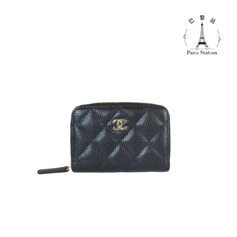 【巴黎站二手名牌專賣】＊現貨＊CHANEL 香奈兒 真品＊AP0216 黑荔枝皮革金雙C拉鍊卡夾零錢包-0