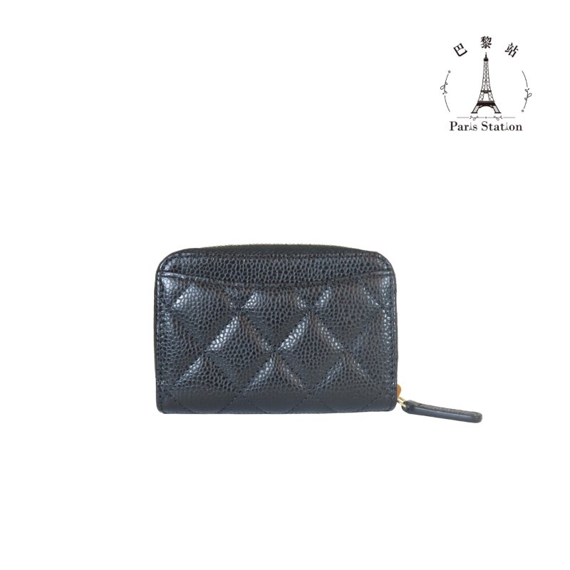 【巴黎站二手名牌專賣】＊現貨＊CHANEL 香奈兒 真品＊AP0216 黑荔枝皮革金雙C拉鍊卡夾零錢包-1