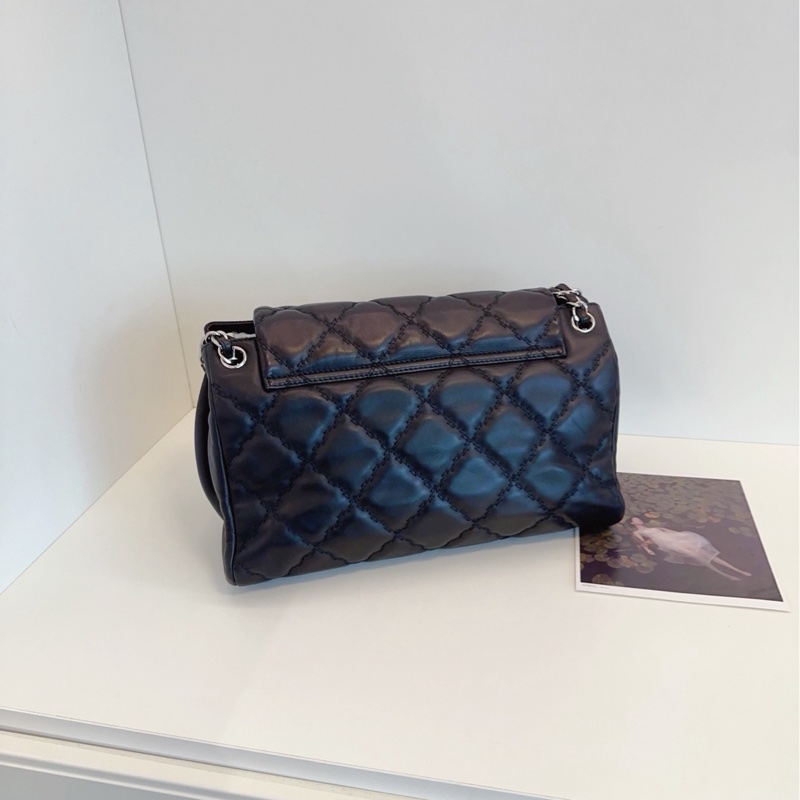 【98新🆕】Chanel 黑銀琺瑯扣大雙C翻蓋機場包 鏈條郵差包 單肩包-2