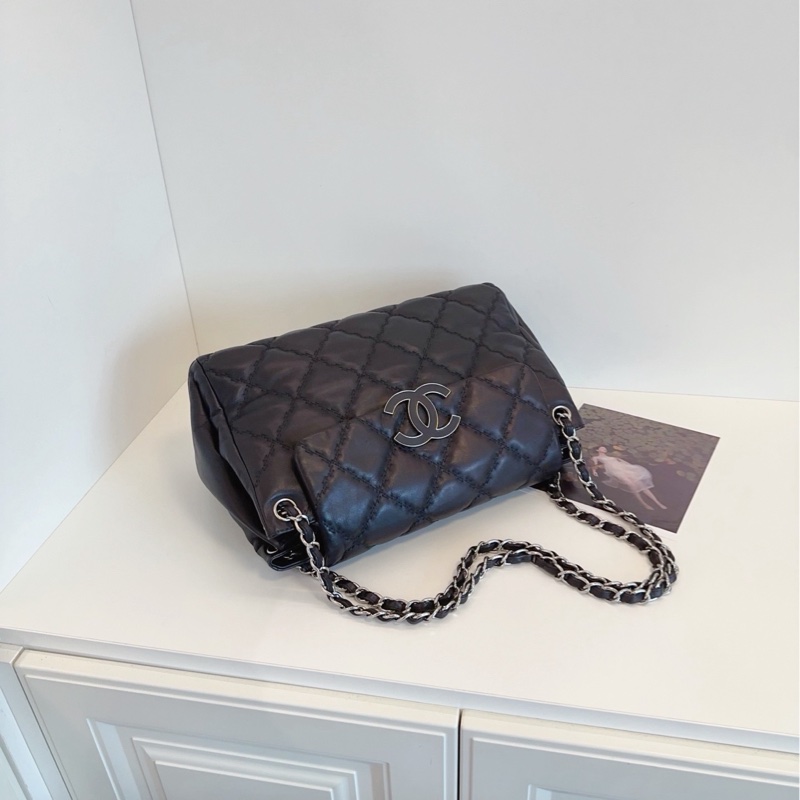 【98新🆕】Chanel 黑銀琺瑯扣大雙C翻蓋機場包 鏈條郵差包 單肩包-3