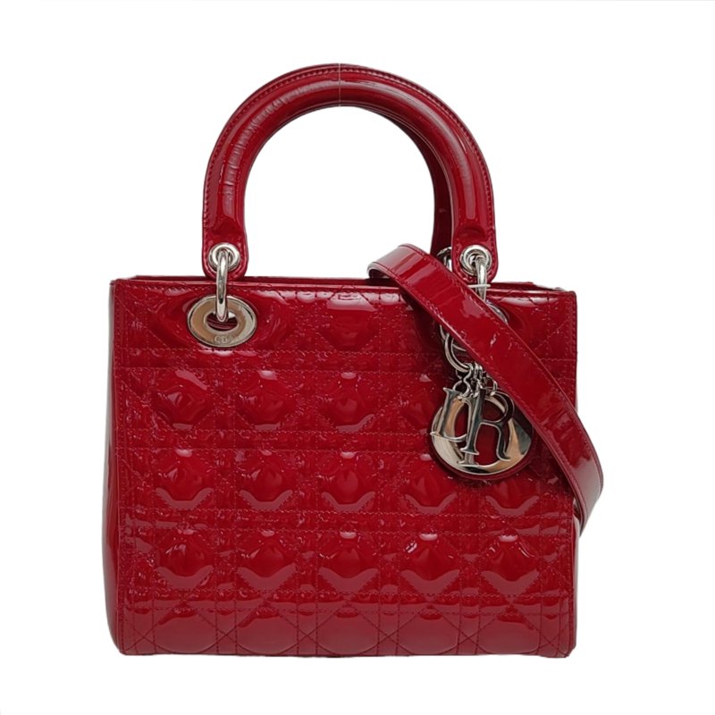 DIOR Lady Dior 中號紅色漆皮藤格紋絎縫戴妃五格單肩包手提包斜挎包銀色五金可拆卸肩帶-0