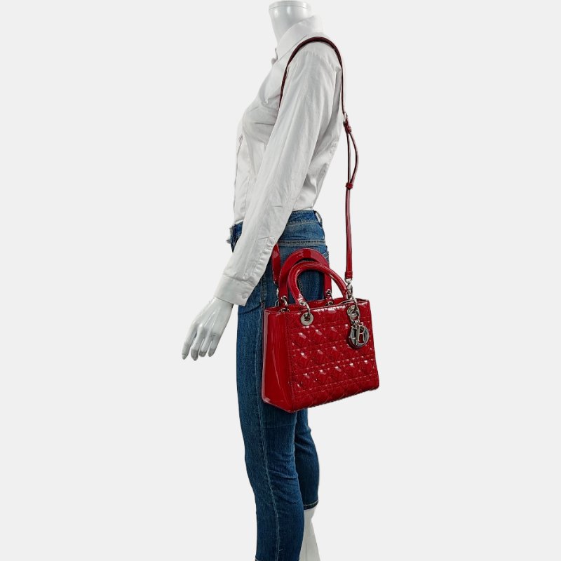 DIOR Lady Dior 中號紅色漆皮藤格紋絎縫戴妃五格單肩包手提包斜挎包銀色五金可拆卸肩帶-1