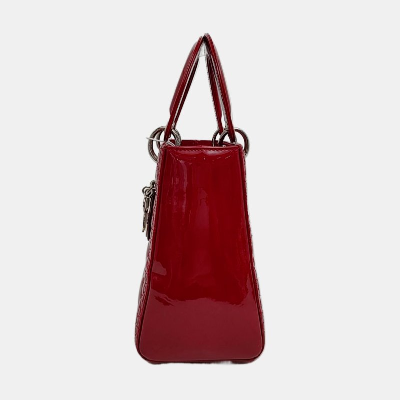 DIOR Lady Dior 中號紅色漆皮藤格紋絎縫戴妃五格單肩包手提包斜挎包銀色五金可拆卸肩帶-2