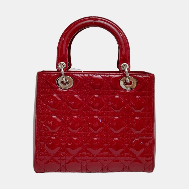 DIOR Lady Dior 中號紅色漆皮藤格紋絎縫戴妃五格單肩包手提包斜挎包銀色五金可拆卸肩帶-4