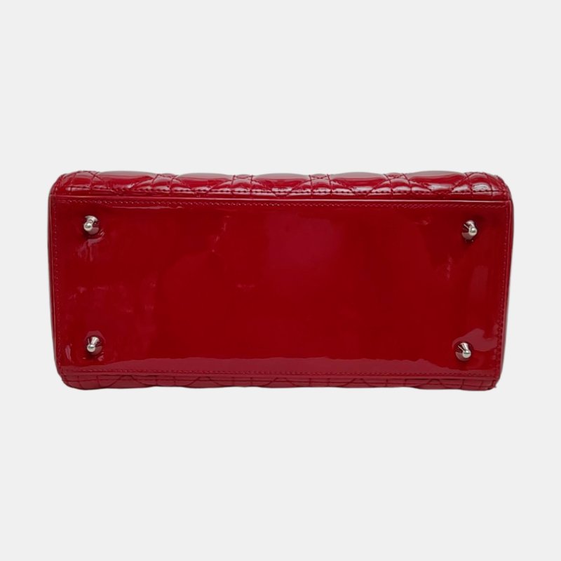 DIOR Lady Dior 中號紅色漆皮藤格紋絎縫戴妃五格單肩包手提包斜挎包銀色五金可拆卸肩帶-5