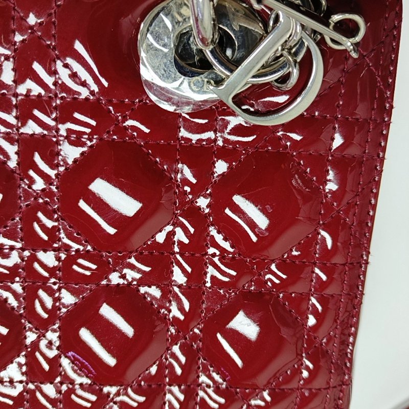 DIOR Lady Dior 中號紅色漆皮藤格紋絎縫戴妃五格單肩包手提包斜挎包銀色五金可拆卸肩帶-8