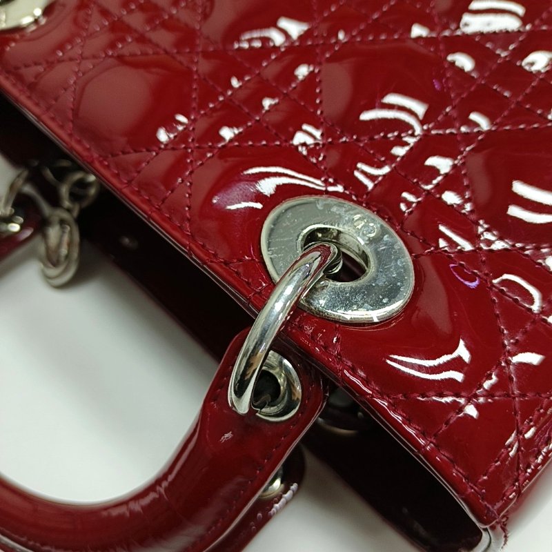 DIOR Lady Dior 中號紅色漆皮藤格紋絎縫戴妃五格單肩包手提包斜挎包銀色五金可拆卸肩帶-9