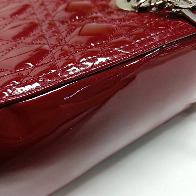 DIOR Lady Dior 中號紅色漆皮藤格紋絎縫戴妃五格單肩包手提包斜挎包銀色五金可拆卸肩帶-11