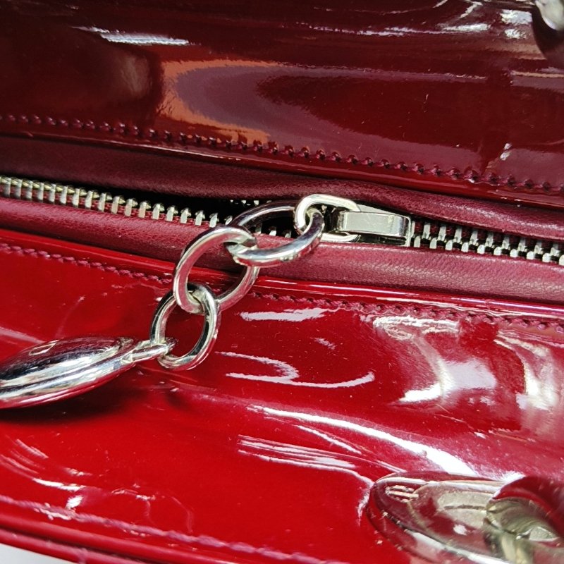 DIOR Lady Dior 中號紅色漆皮藤格紋絎縫戴妃五格單肩包手提包斜挎包銀色五金可拆卸肩帶-16