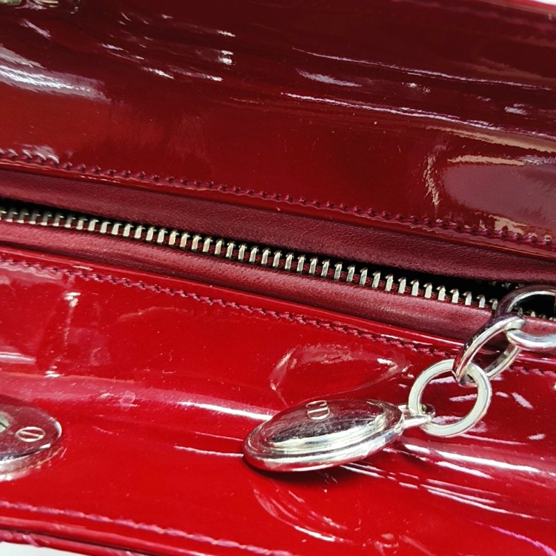 DIOR Lady Dior 中號紅色漆皮藤格紋絎縫戴妃五格單肩包手提包斜挎包銀色五金可拆卸肩帶-17