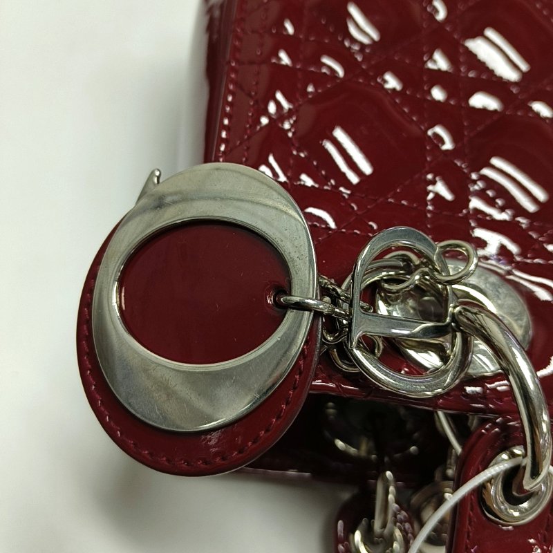 DIOR Lady Dior 中號紅色漆皮藤格紋絎縫戴妃五格單肩包手提包斜挎包銀色五金可拆卸肩帶-18